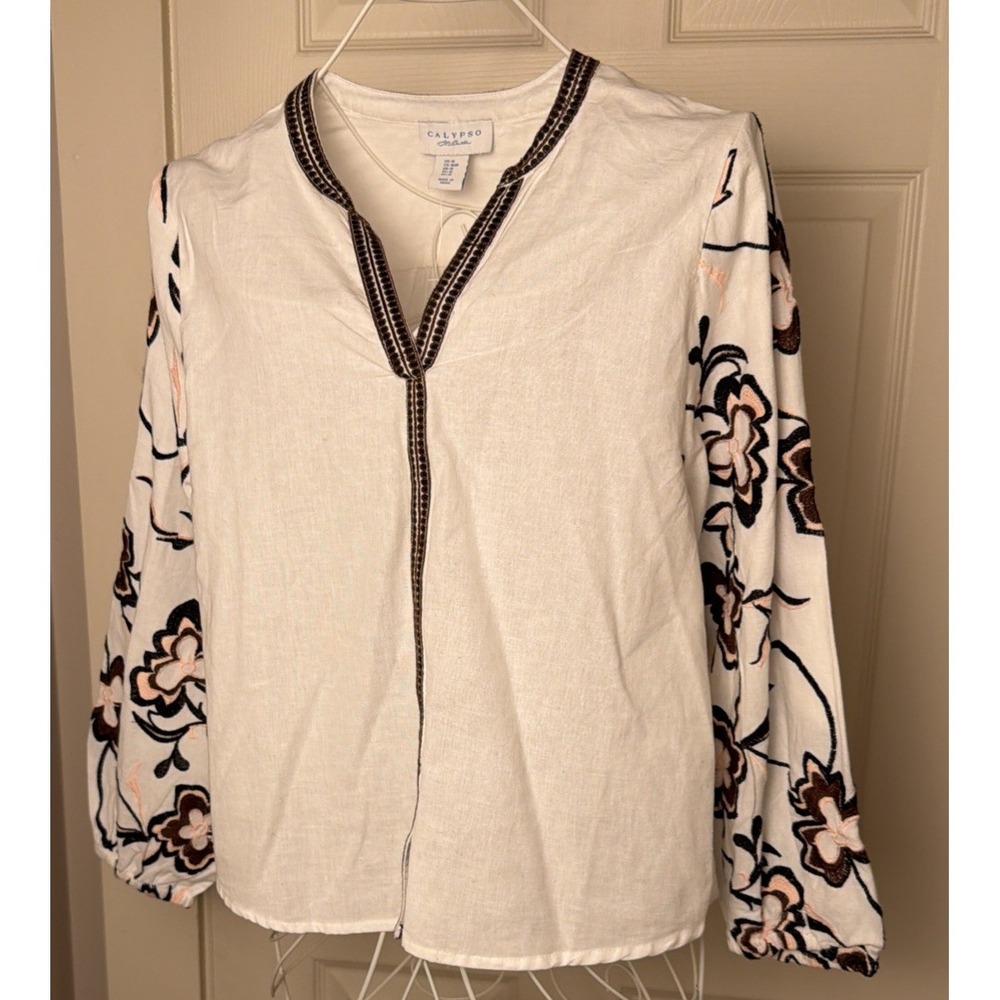 Calypso St. Barth Embroidered Cotton Flax Blouse Floral Sleeves NWOT Medium